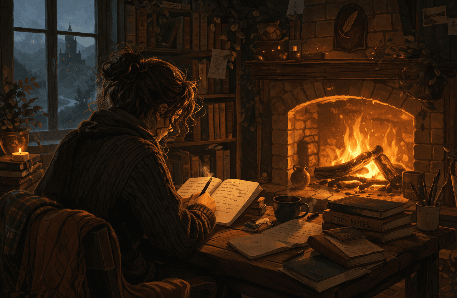 Illustration of writing by the fire—warm light on notes and a cozy scene for storytellers.
